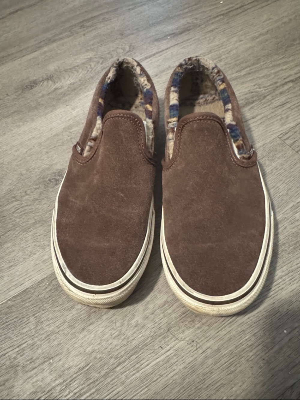 Unisex Brown Suede Slip-On Vans Casual Shoe with Plaid Lining